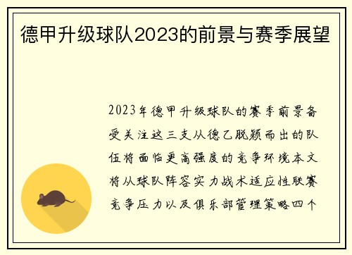 德甲升级球队2023的前景与赛季展望