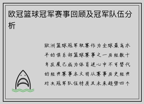 欧冠篮球冠军赛事回顾及冠军队伍分析